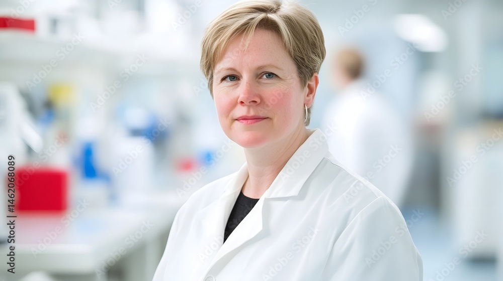 Poster female scientist examining a microchip in a high-tech research lab
