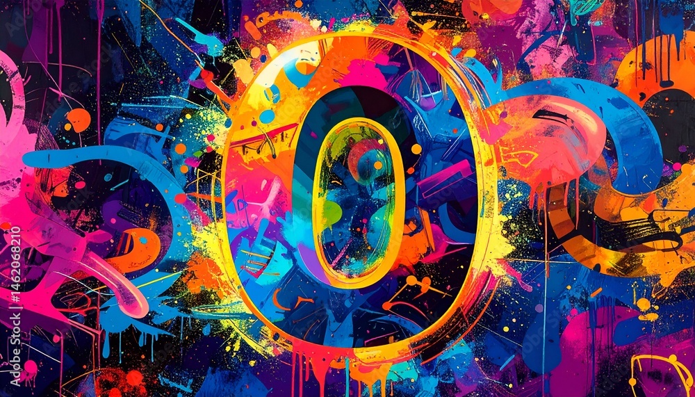 Poster vibrant abstract art featuring a stylized number zero within a colorful explosion of paint splatters