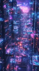 Obraz premium Futuristic city glowing at night, vibrant neon lights, digital cityscape.