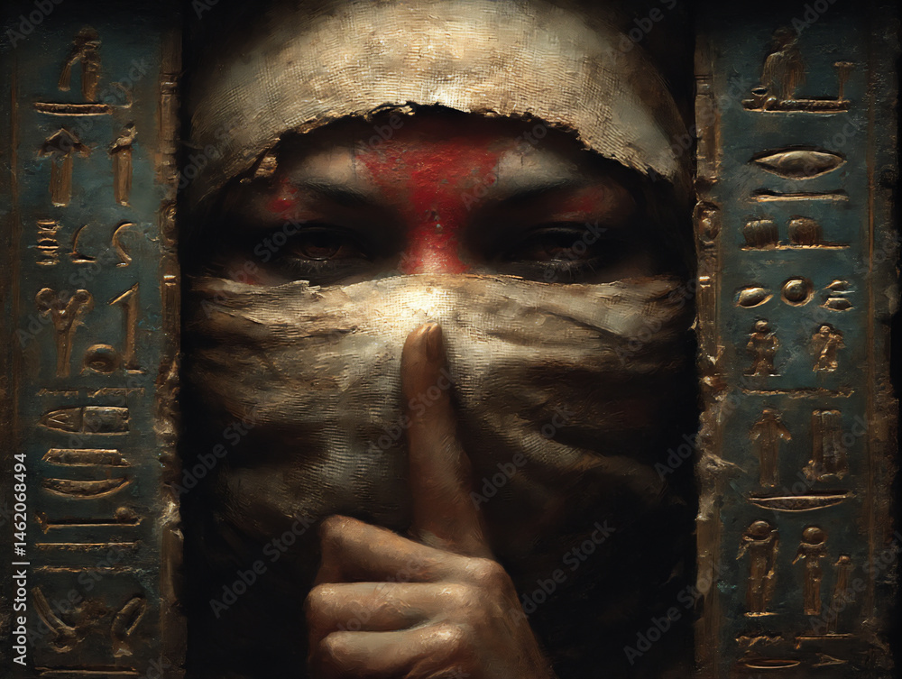 Poster a digital art piece depicting a hooded figure gazing at a tightly closed lock illuminating ancient s