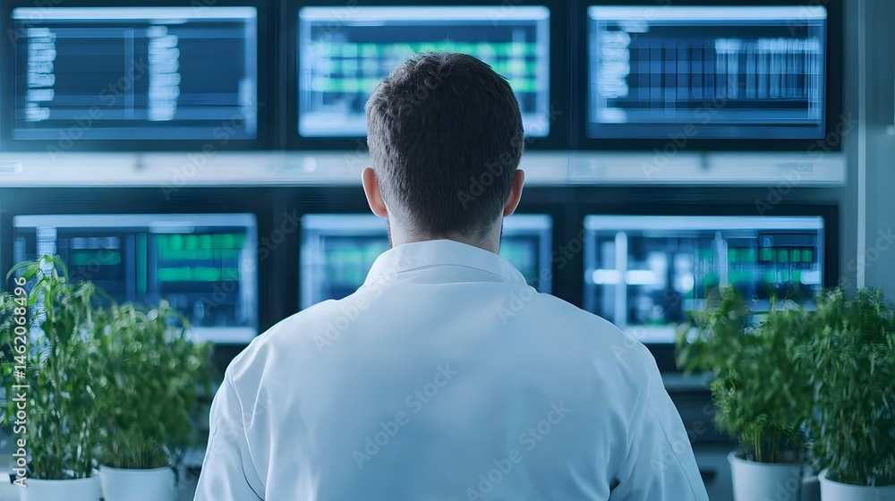 Poster engineer monitoring environmental systems in a high-tech industrial lab