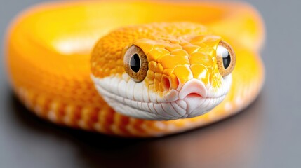 Fototapeta premium Close-up of a bright orange snake. Its head and upper body are prominently featured, showcasing intricate scales and large, dark eyes. 
