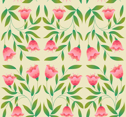 Seamless floral pattern featuring elegant pink bell-shaped flowers and vibrant green leaves. Perfect for textile design, wallpapers, packaging, and spring-themed projects. Vector Illustration.