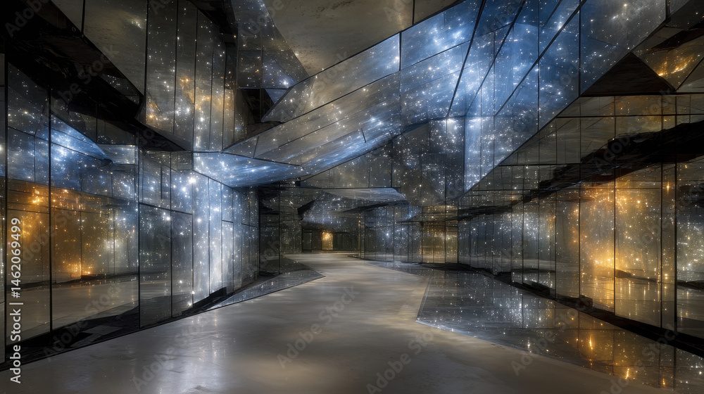 Poster labyrinth of shattered mirrors reflecting endless possibilities in a surreal environment