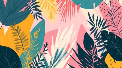 Vibrant tropical leaves pattern with pastel colors.