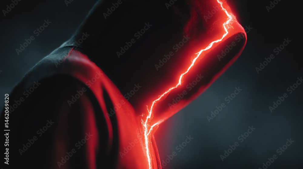 Aufkleber an illustration of a hooded hacker with glowing red lines emanating from a cracked digital lock, sym