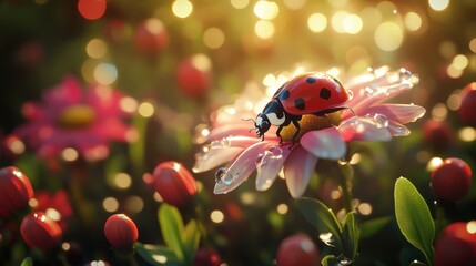 Ladybug on a dew-kissed flower (1)