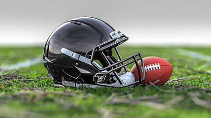 Black football helmet resting on a football on a grassy field, capturing the essence of American football and sportsmanship