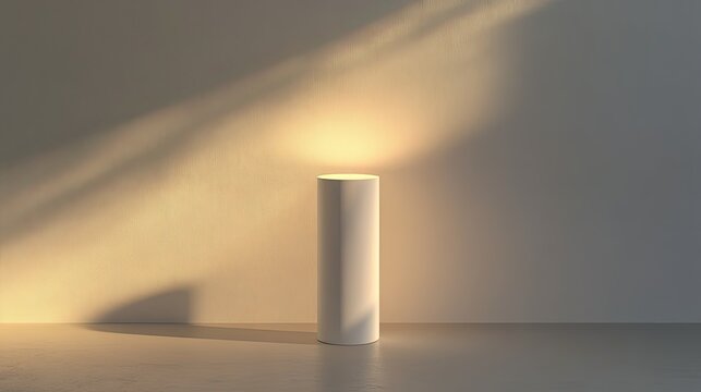 Illuminated cylindrical pedestal against a wall with sunlight.