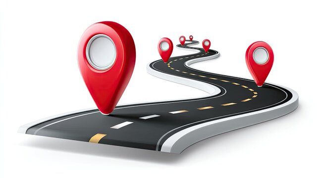 Winding road with multiple location markers, symbolizing a journey or route