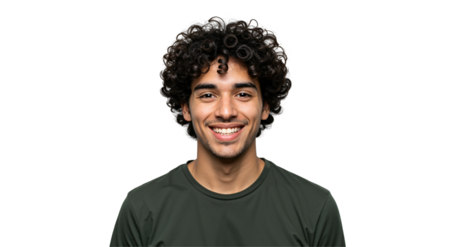 Portrait of a Smiling Young Man with Curly Hair, Showcasing a Friendly Expression Against a Black Background