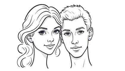 Young couple smiling together in line art style  