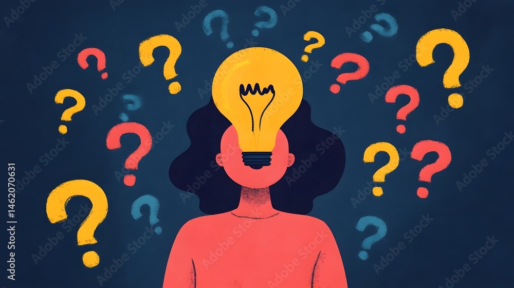 Aufkleber a creative of a person with a lightbulb representing their thoughts surrounded by question marks.
