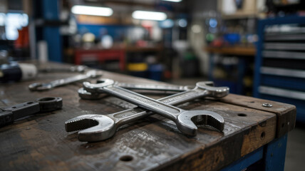  close-up of metal wrenches arranged on a worn wooden workbench in an industrial garage or mechanical repair shop, symbolizing manual labor and craftsmanship