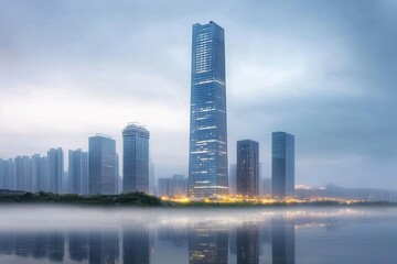 Obraz premium Modern skyscrapers rising through early morning mist at sunrise with autumn trees below in a serene urban cityscape