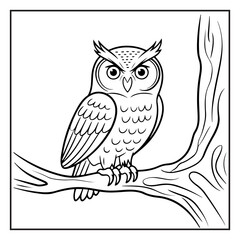 Detailed owl, perched on tree branch, square frame, black and white line drawing, stylized feathers, large eyes, pointed ears, sharp beak, textured bark, minimalist background, symmetrica
