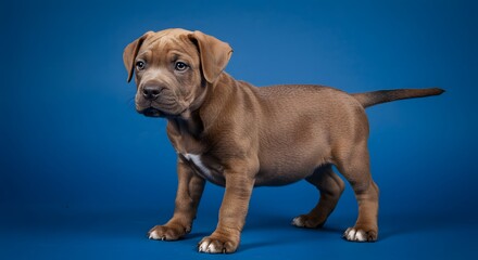 Obraz premium Brown Puppy Standing on Blue Background