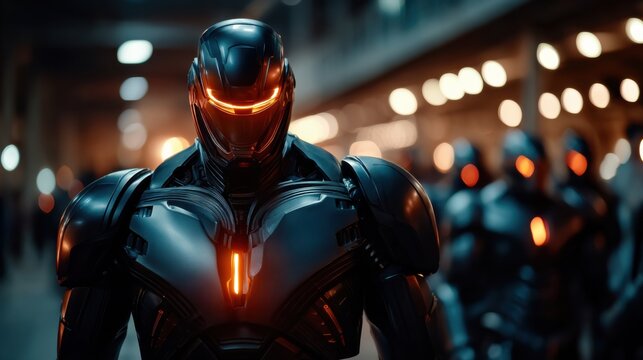 Futuristic robot soldier leading squad in industrial environment