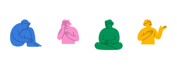 Mental health and emotions illustration &ndash; Set of people showing sadness, anxiety, calmness, and confidence in minimal flat style. Emotional expression characters isolated on white background