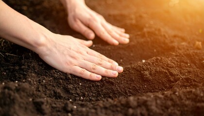 Hands gently pressing fertile soil, preparing for planting.  Image depicts the process of gardening and nurturing life from the earth.