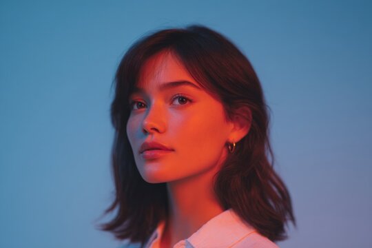 portrait of person against backdrop of soft blue and red hues subtly representing bastille day theme