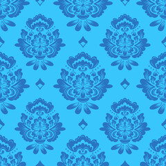 Damask seamless pattern with blue flowers, vintage design, vector illustration elegant for textile, wall paper, bedding, curtains, cushion cover, rug, scarf, upholstery fabric, decoration, 