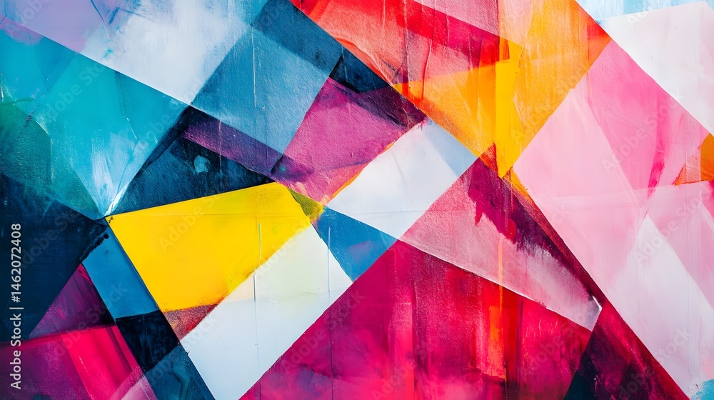 Poster vibrant geometric shapes in overlapping patterns.