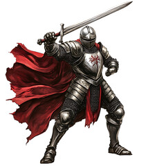 A Cartoon Knight Raising a Sword in Silver Armor with a Red Cape Isolated on Transparent Background