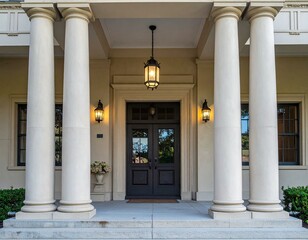 Obraz premium Elegant home entrance with classic columns, a dark door, and stylish lighting.