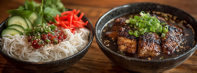 a photograph capturing an elegantly presented classic vietnamese dish in a restaurant with a modern twist on traditional design elements.