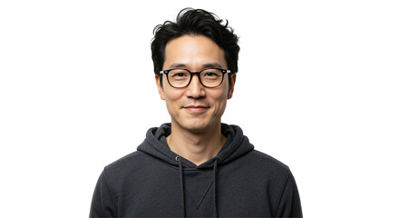 Fototapeta premium Portrait of an Asian Male in a Hoodie with Glasses, Smiling Against a Black Background, Displaying a Friendly and Approachable Expression