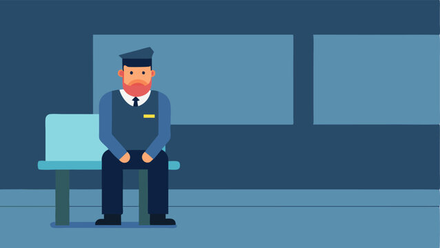 Lonely Security Guard A solitary security guard sitting at a central station looking bored with a blank screen in front of him showing no activity.