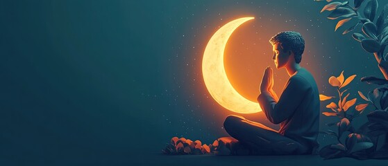 Serene boy meditating under crescent moon.