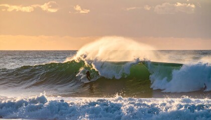 Surfer riding a massive wave at sunset. Dramatic ocean scene with golden light.