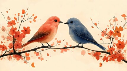 Obraz premium Two birds are perched on a branch with red and blue feathers