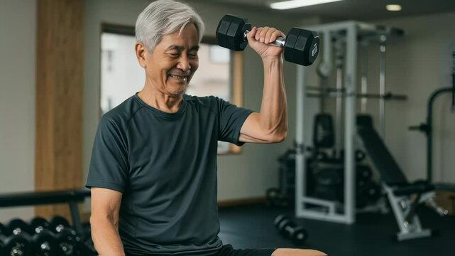 トレーニング中にはにかんで笑う、アクティブシニア男性