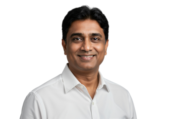 Portrait of a Smiling Middle-Aged South Asian Man Wearing a Light Shirt Against a Black Background, Exuding Confidence and Approachability