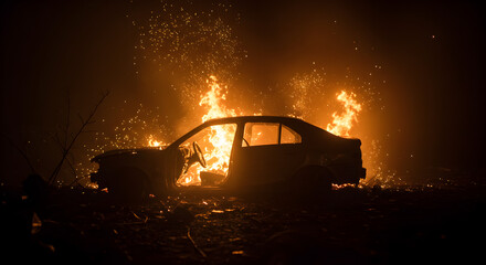 Burning Vehicle at Night with Intense Flames and Sparks