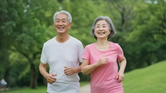 緑の芝生を仲良くジョギングする、笑顔が素敵なアクティブシニア夫婦