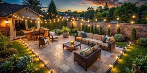 Aerial View: Luxurious Backyard Patio with String Lights - Happy Hour Relaxation