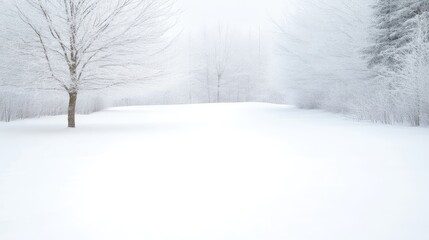 Snowy Landscape Winter Trees Serene Minimalist Style High-resolution Soft Light Wide Angle View Frosty Branches Peaceful Scene White Cold Tones Ideal for Winter Calendars