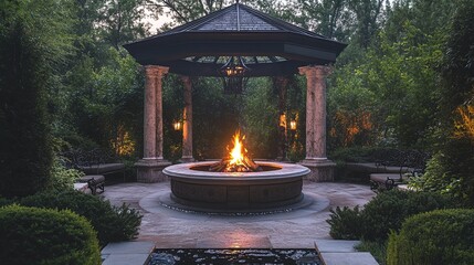 Elegant firepit in a luxurious garden pavilion..