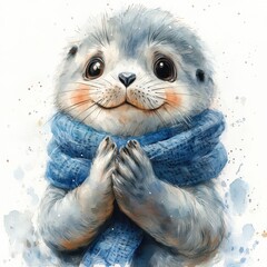 Adorable Blue Scarf Otter Illustration: Playful Cartoon Watercolor Art for Cute Decor