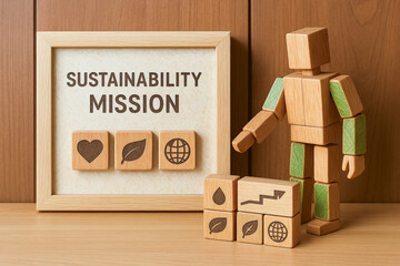 Sustainable eco friendly mission concept with wooden block figure and icons representing green values and environmental responsibility