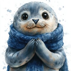 Adorable Watercolor Baby Seal Cartoon Illustration: Vibrant Ocean Animal Character Design