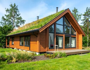 Modern eco-friendly wooden house with green roof, large windows, and deck. Perfect for real estate, architecture, and nature websites.