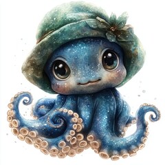 Kawaii Octopus Illustration: Adorable Whimsical Marine Character in Pastel Watercolor Art