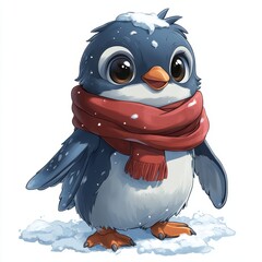 Adorable Penguin Cartoon in Snowy Winter Wonderland with Festive Scarf and Vibrant Colors