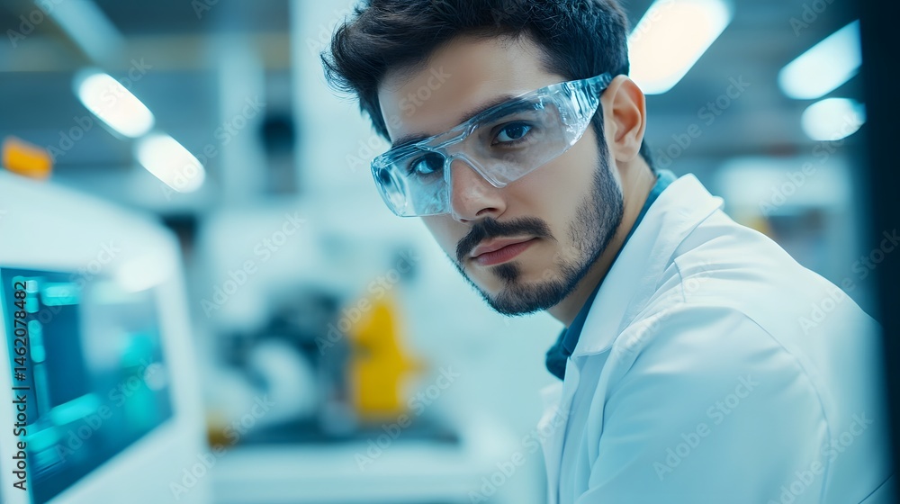 Poster industrial engineer working in a high-tech robotics laboratory