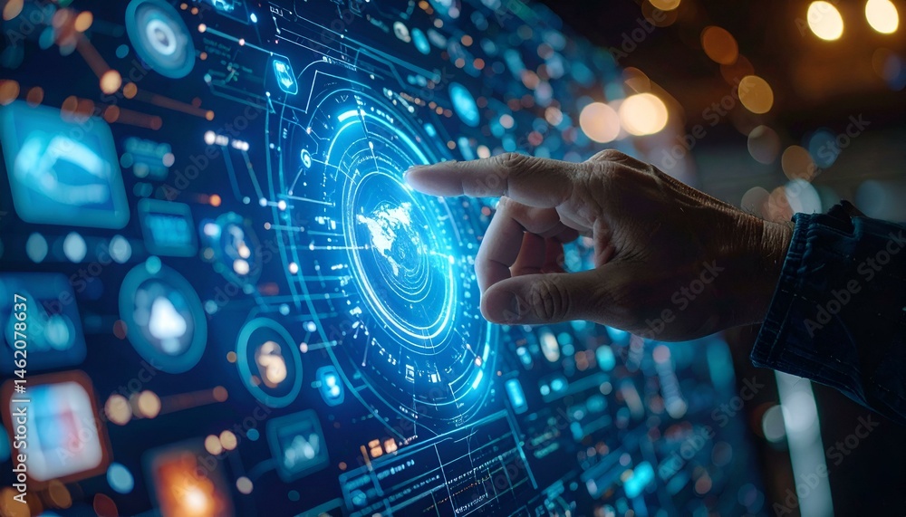 Poster hand interacting with futuristic digital interface, showing global network data. image perfect for t